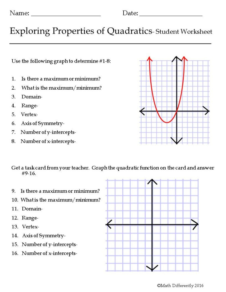 Characteristics Of Quadratic Functions Worksheet Answer Key
