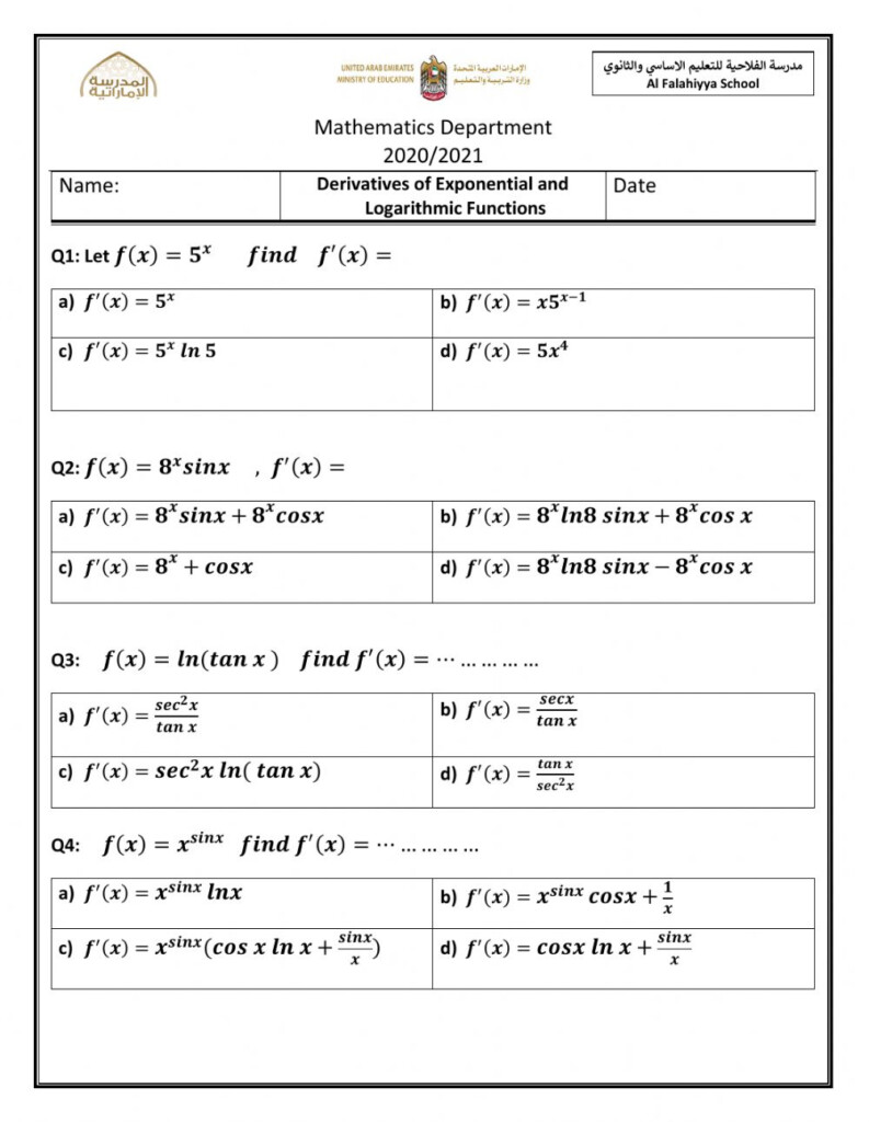 Derivative Of Exponential And Logarithmic Functions Worksheet Function Worksheets