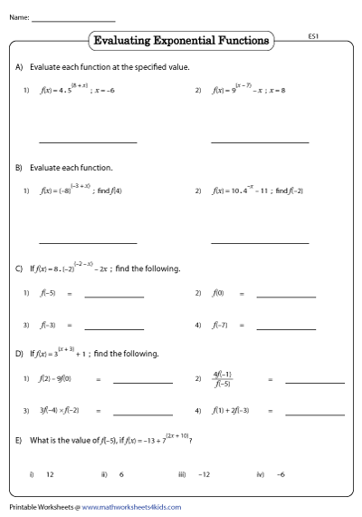 Evaluating Exponential Functions Worksheets