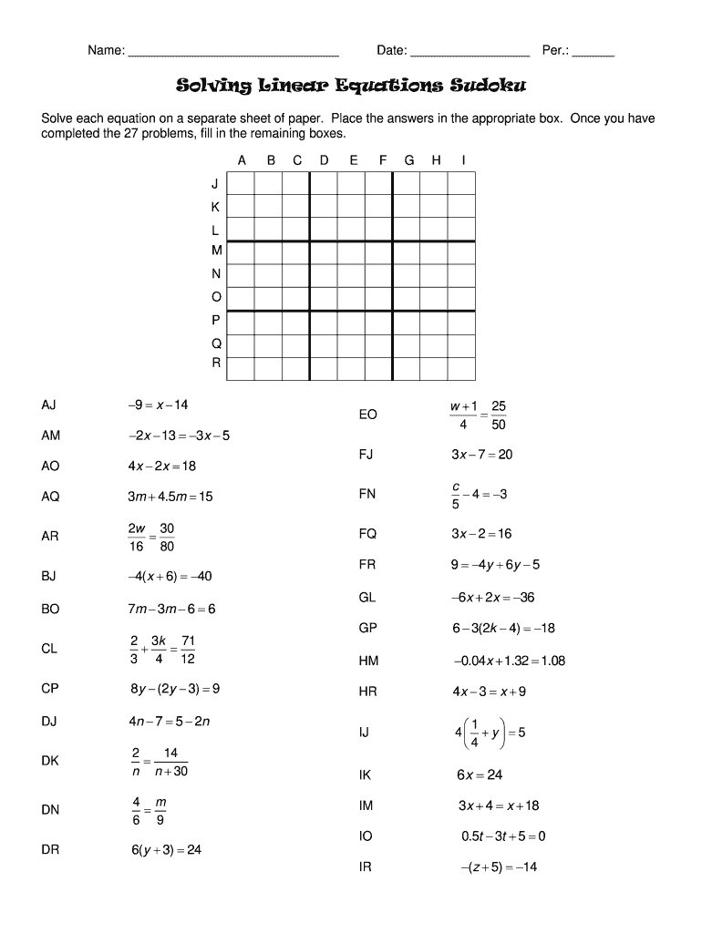 Solving Linear Equations Sudoku Fill Out And Sign Printable PDF