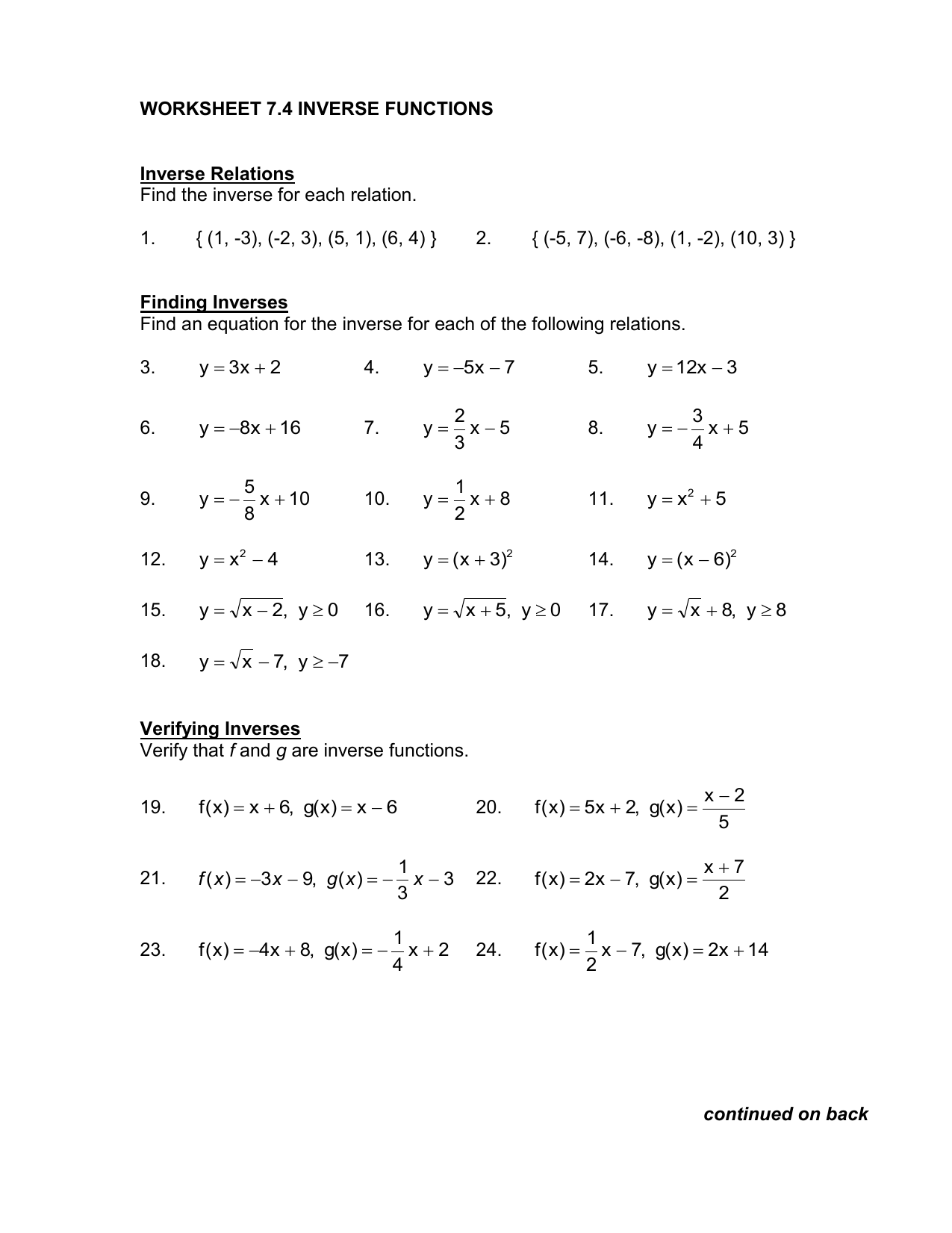 Inverse Function Worksheet Answer Key Algebra 2