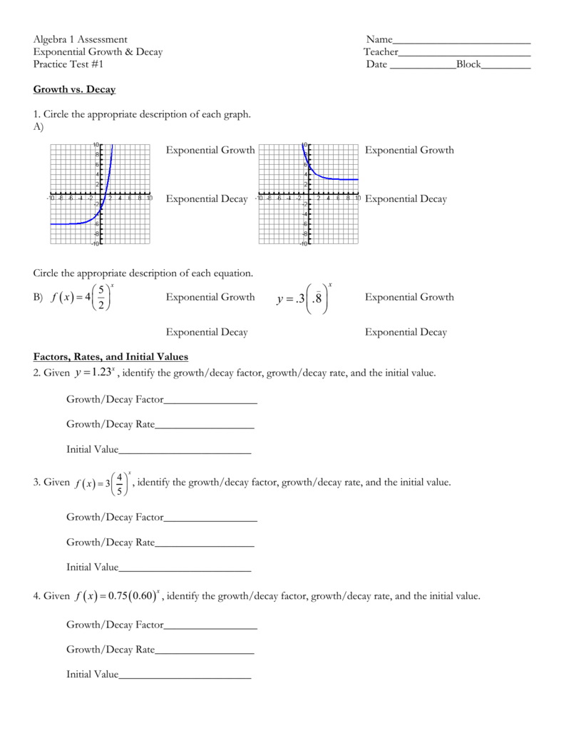 Algebra 1 Exponential Growth And Decay Worksheet Pdf Algebra