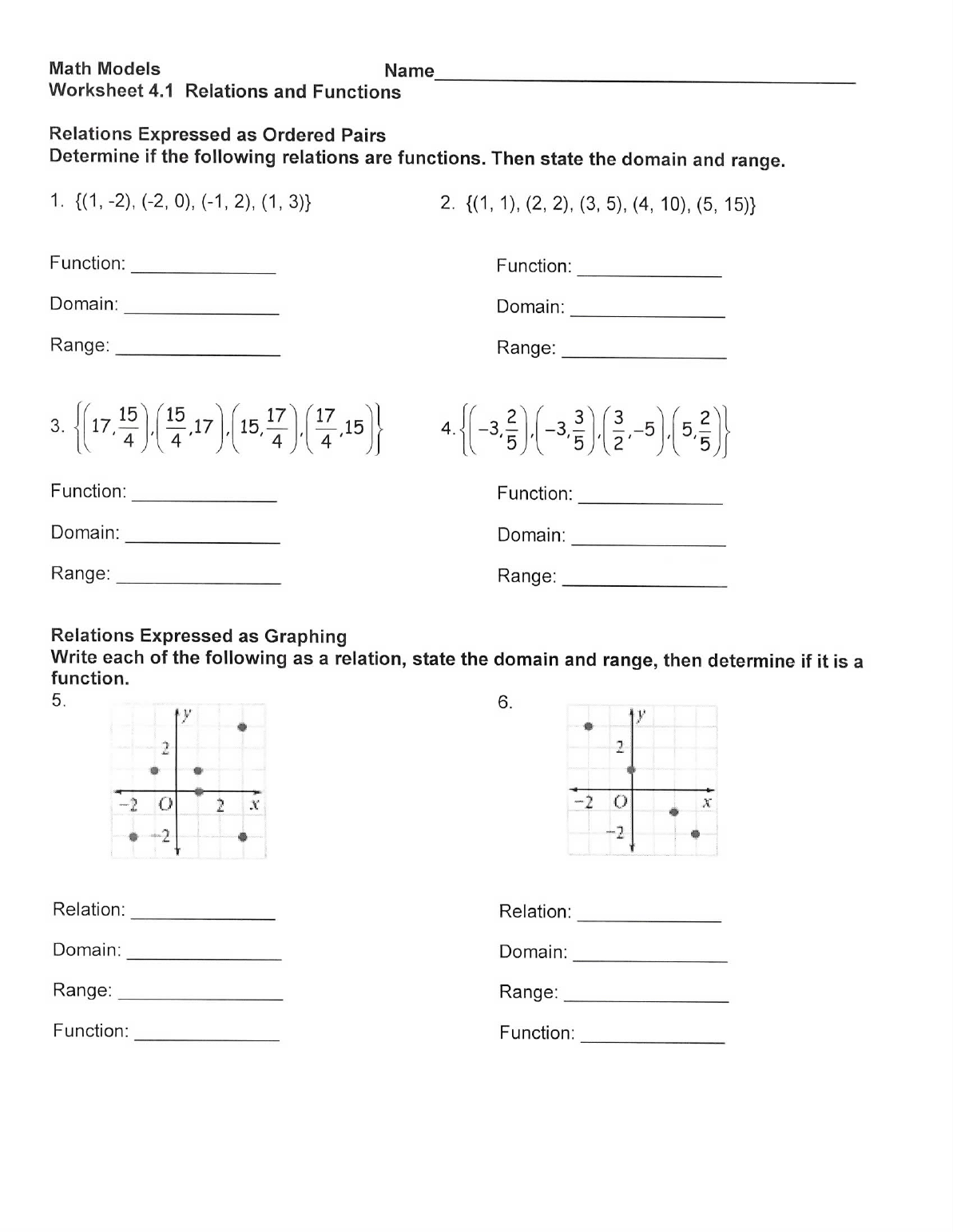 Math Models Worksheet 4 1 Relations And Functions
