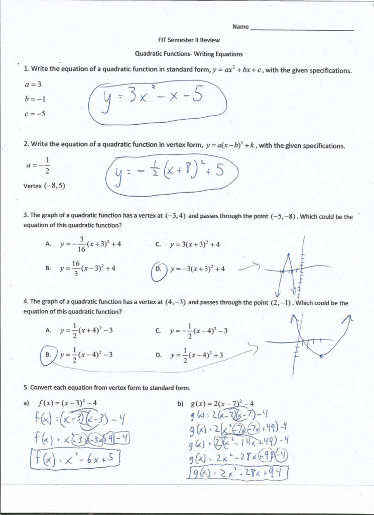 Quadratic Function Quiz Answer Key Db excel