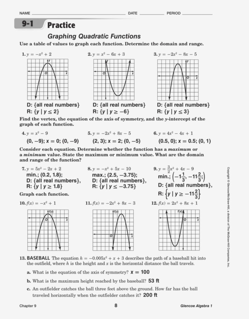 4 Graphing Quadratic Functions Worksheet Answers Algebra 1 Quadratic