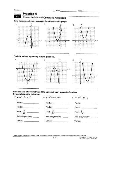 Algebra 1 8 2 Worksheet Characteristics Of Quadratic Functions