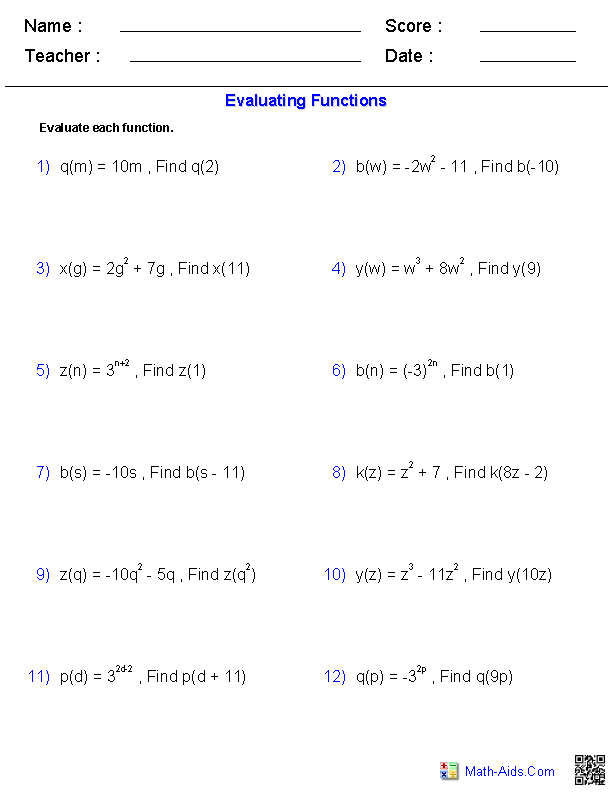 Algebra 2 Worksheets General Functions Worksheets Algebra