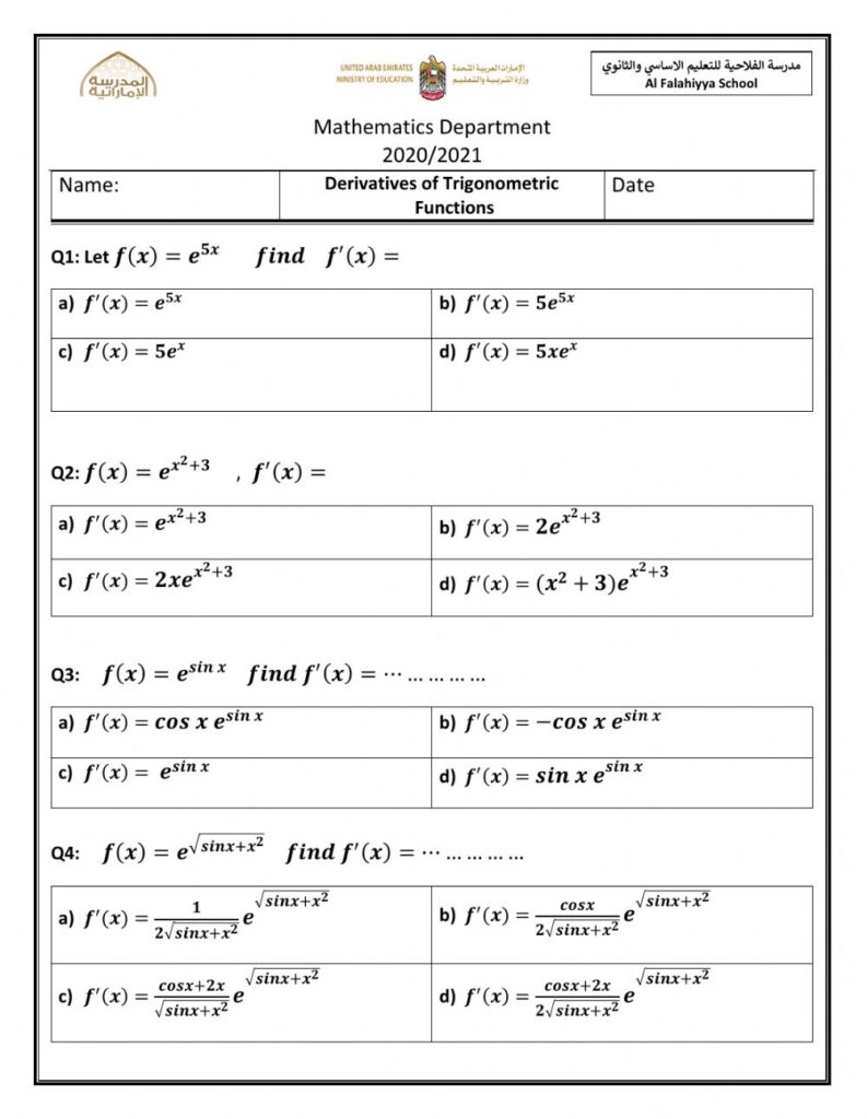Derivative Of Exponential Functions Worksheet