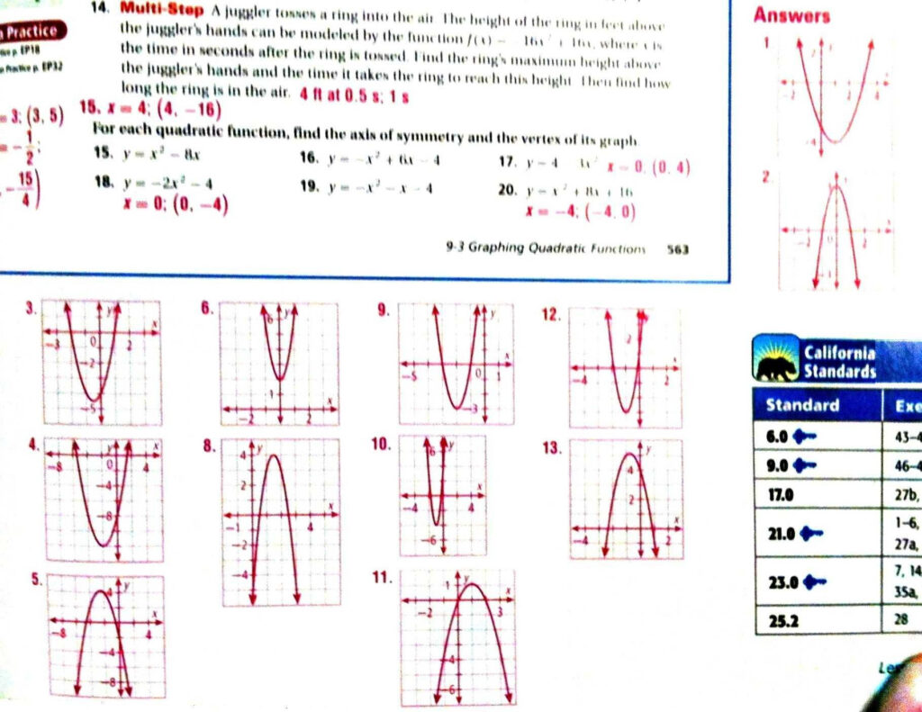 Graphing Quadratic Functions Worksheet Answers Algebra 2 Db excel