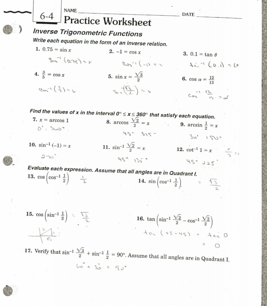 Inverse Trigonometric Functions Worksheet Worksheet