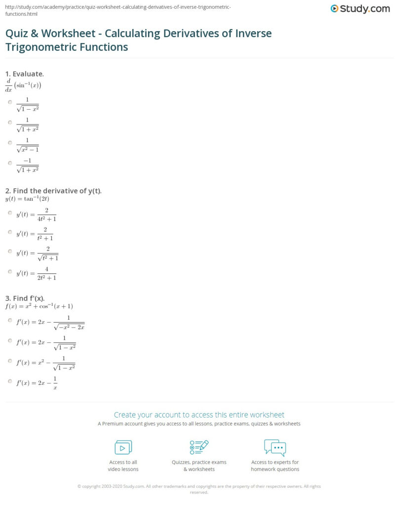 Quiz Worksheet Calculating Derivatives Of Inverse Trigonometric