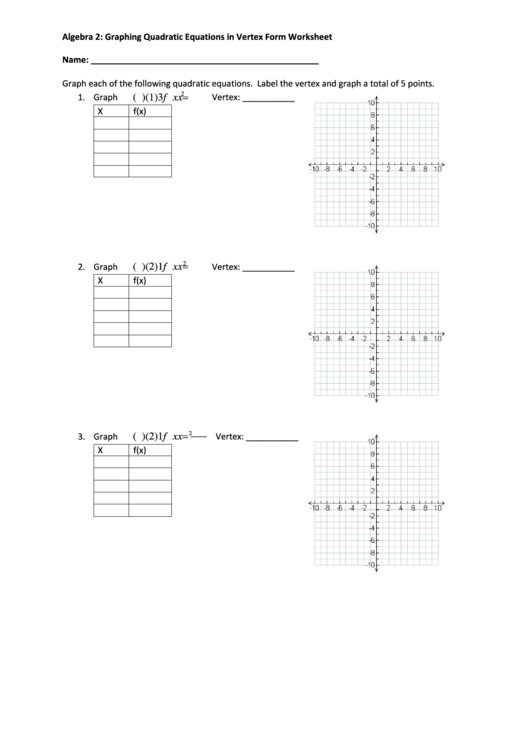 Algebra 2 Graphing Quadratic Equations In Vertex Form Worksheet
