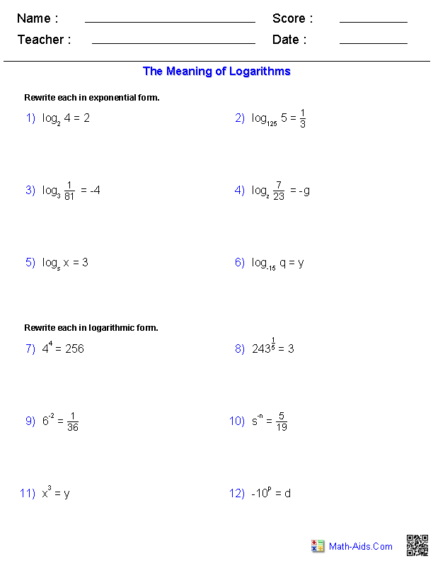 Algebra 2 Worksheets Exponential And Logarithmic Functions Worksheets 