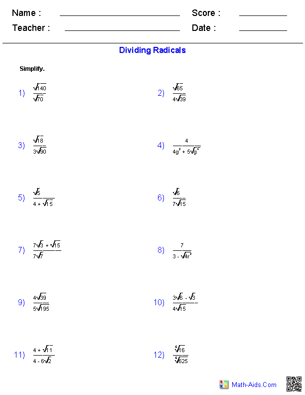 Algebra 2 Worksheets Radical Functions Worksheets