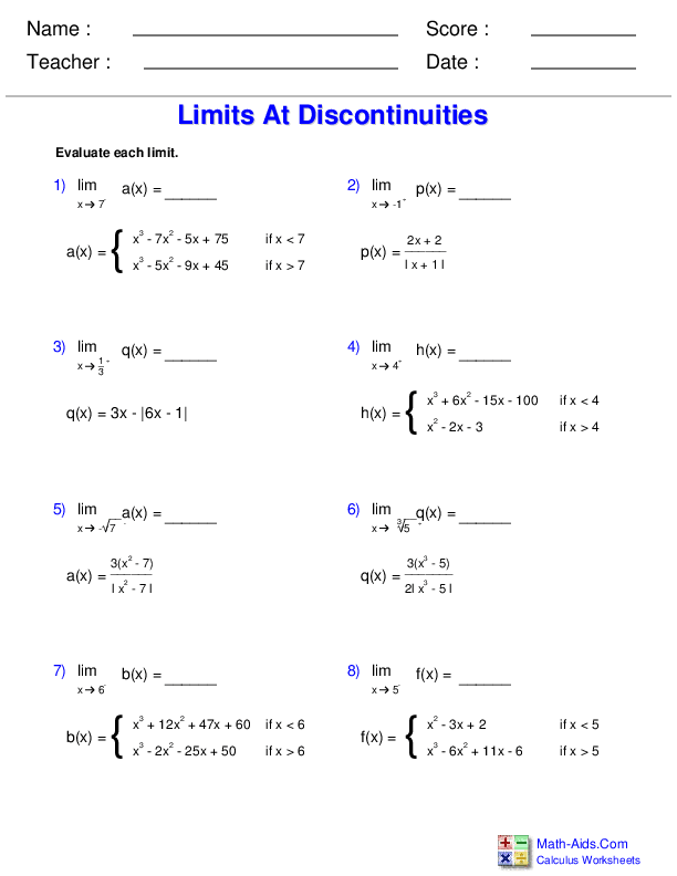 Calculus Worksheets Limits And Continuity Worksheets