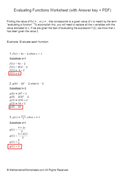 Evaluating Functions Worksheet with Answer Key PDF 