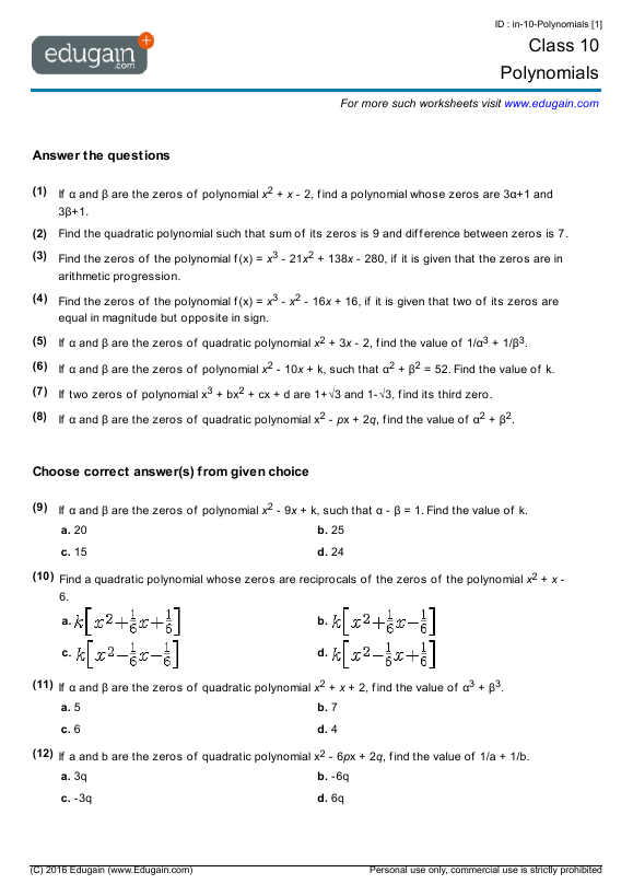 Grade 10 Math Worksheets And Problems Polynomials Edugain UAE