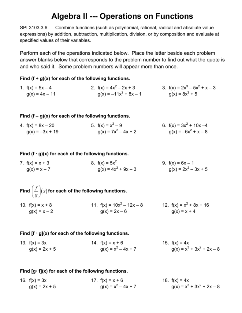 Operations On Functions Worksheet With Answers Pdf Function Worksheets