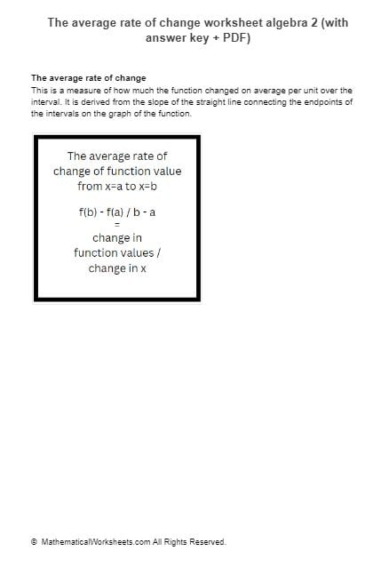 The Average Rate Of Change Worksheet Algebra 2 with Answer Key PDF