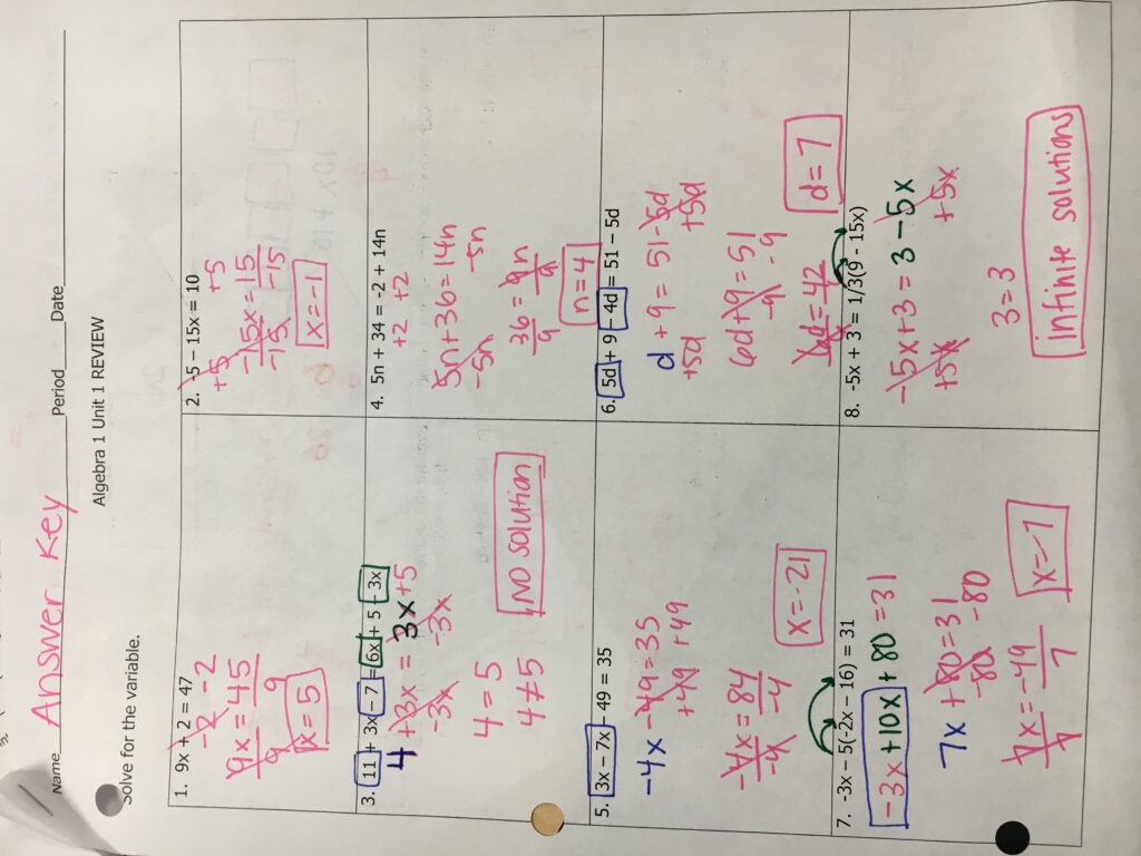 Unit Linear Equations Homework 1 Simplifying Expressions Answer Key